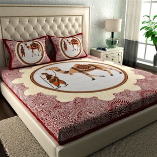 LA VERNE Cotton Double Flat 144 TC Jaipuri Prints 1 Bedsheet with 2 Pillow Covers(Maroon)