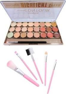 Kiss Beauty All Round Contour Highlight Cream Palette 9464 + pink brush pack of 5