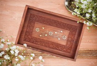 21cm Tea Coffee Snack Plate Restaurant Trays with Raised Edges Round Wood Serving Tray 