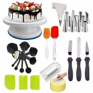 Tesla exim Cake Tools Round Easy Rotate Turntable + 8-Pc Black Measuring Cups + Silicone Spatula and Brush Set + 4 Pcs Set Scraper + 12 Piece Cake Decorating Set + Acrylic Handle Knife and Server Set 3 pc Knife Set + High Quality Cake Smoother Multicolor Kitchen Tool Set