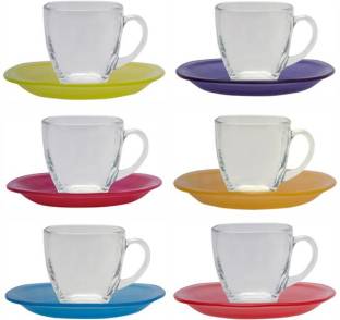 LUMINARC Pack of 12 Glass Carina Rainbow Tea & Coffee Cup Saucer (Set of 6pcs Cup & 6pcs Color Saucer)