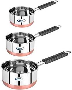 Nirvika Stainless Steel Copper bottom Sauce Pan / MILK PAN / TEA PAN 3 pcs COMBO SET Capacity:- 1, 1.5, 2 Liter Sauce Pan 15.5 cm, 17 cm, 19 cm diameter Sauce Pan 15.5 cm, 17 cm, 19 cm diameter 1 L, 1.5 L, 2 L capacity Dish Serving Set