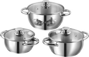 VINOD Stainless Steel Solid Milano Casserole 3 piece Set with Glass Lid - 1 litres,1.5 litres and 2 litres Induction Bottom Non-Stick Coated Cookware Set