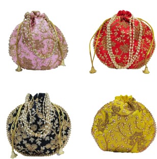 Indian Silk Potli Bag Wristlet Ethnic Bags Clutch Pouch Drawstring Purse Batwa Handbag Gift for Women