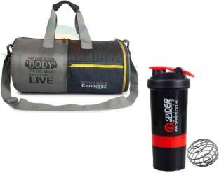 EMMCRAZ silver shoes compartment gym bag with protein mixer bottle
