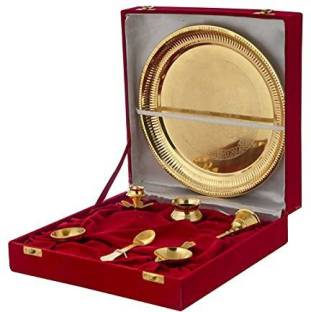 Delhi Gift House Gold Plated Brass Pooja Thali Set for Diwali Poojan, Dhanteras, Hawan Puja, Diwali Pujan, Navrata Pujan, Durga Pujan Brass