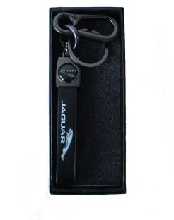 VINAL Imported Black Leather Jaguar Key Chain + Ring with Car Logo & Metal Hook Locking Locking Carabiner