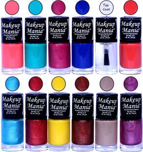 Makeup Mania HD Color Nail Polish Set of 12 Pcs (Combo MM-124) Coral Pink, Turqoise, Light Magenta, Blue, Top Coat, Orange, Copper, Yellow, Dusky Nude, Purple Shimmer