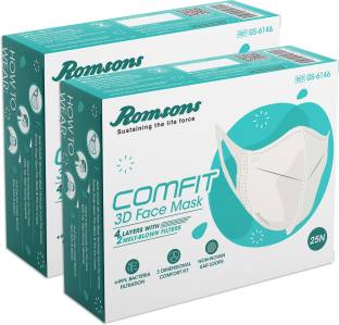 Romsons Comfit 3D 4 Layers Face Mask with 2 Melt-Blown Filter & Softest Ear Loops, 25 Pcs/Pack, (Pack of 2) 50 pcs ORC3DFM2502 Surgical Mask With Melt Blown Fabric Layer