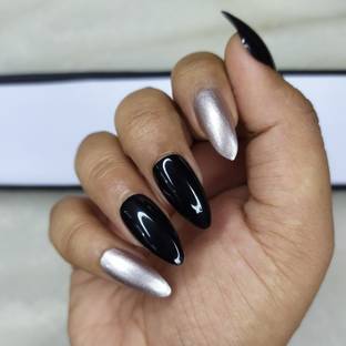 The NailzStation Glossy Black Rose Gold Fake Nails / Artificial Nails/ Press on Gel Nails in Almond (Pack of 20 nails) with application kit Black, Silver - Price in India, Buy The The NailzStation Glossy Black Rose Gold Fake Nails / Artificial Nails/ Press on Gel Nails in Almond (Pack of 20 nails) with application kit Black, Silver - Price in India, Buy The
