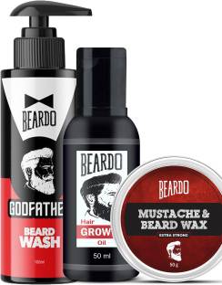 BEARDO Beard & Hair Growth Oil (50ml), Godfather Beard Wash (100ml, Beard &  Mustache Wax - Extra Strong (50g) Price in India - Buy BEARDO Beard & Hair  Growth Oil (50ml), Godfather