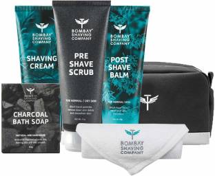 BOMBAY SHAVING COMPANY Shaving Kit For Men with Pre-Shave Scrub, Shaving Cream, Post Shave Balm, Charcoal Soap, Towel & Travel Pouch
