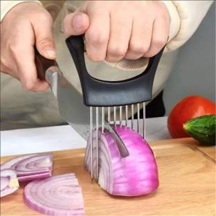 FGG Stainless Steel, ABS Vegetable Tools Tomato Cutter Kitchen Gadgets Onion Holder For Slicing, Slicer Odour Eliminator, Black Vegetable & Fruit Slicer