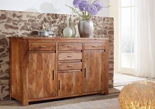 G Fine Furniture Acacia Wood Wooden Sideboard Cabinet For Living Room | Solid Pure Wood Kitchen Side Board With 5 Drawers & 3 Door Cabinet Storage For Home Solid Wood Free Standing Sideboard