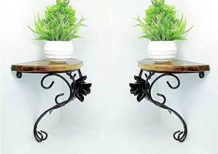 Wudentic Wooden & Wrought Rose Shaped Iron Wall Bracket | Wall Shelf | Wall Hanging Bracket for Living Room | Decorative Corner | Fancy Wall Bracket (Set of 2) Wooden, Iron Wall Shelf
