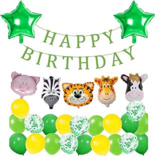 Bash N Splash Jungle Safari Green Theme Birthday Decoration Kit With Animals Face Foil Balloons Happy Birthday Banner Metallic Confetti Balloons Balloon Pack Of 28 Price In India Buy Bash N