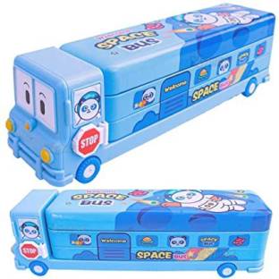 Mikki Tikki Multicolour Cartoon Printed School Bus Matal Pencil Box with Moving Tyres and Sharpner for Kids(Blue) Geometry Box