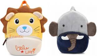 Frantic Yellow Giraffe_Wrt & Grey Elephant Velvet Backpack Bags for 2 to 5 Years Kids for School/Nursery/Picnic/Carry/Travelling Bag (Pack of 2) School Bag