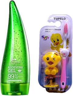 TUPELO Combo pack of one Aloevera gel soothing & moisturising,99% aloevera ,paraben & sulphate free,for all skin types & hair + combo pack of one cute kids decorative helicopter with cartoon toothbrush for kids ulta soft toothbrush