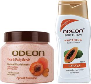Odeon Free Whitening Papaya Body Lotion 100 Ml With Apricot Almond Face And Body Scrub 300ml Natural Nourishment Price In India Buy Odeon Free Whitening Papaya Body Lotion 100