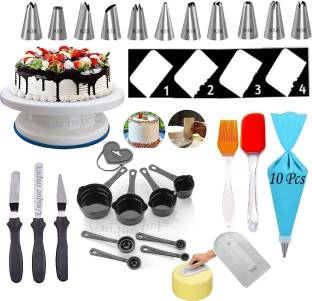 Unique Impex cake baking set combo- Free 10 Pcs Disposable Frosting Icing Piping Bag + Cake Turntable + Cake Smoother + 8-Pc Black Measuring Cups + Silicone Spatula and Brush Set + 4 Pcs Set Scraper + 12 Piece Cake Decorating Set + 3 Pcs Multi-Function Stainless Steel Cake Icing Spatula Knife (All Product Reusable & Washable) Multicolor Kitchen Tool Set
