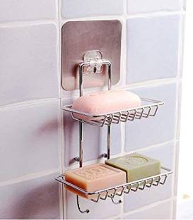 KGN MART Wall Mounting Double Layer Soap Dish Holder & Dispenser, Self Adhesive Stainless Steel Waterproof Kitchen Bathroom Soap Storage Rack with Hook for Home