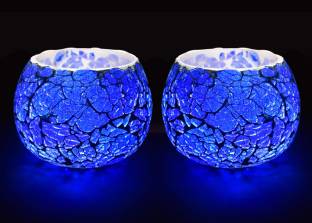 Prachinkala Set of 2 (Design: Crackle Glass) Mosaic Decorative Votive Tea Light Candle Holder for Home Décor, Festivals & Gifting. 2 Tealight Candles Free. Glass 2 - Cup Tealight Holder