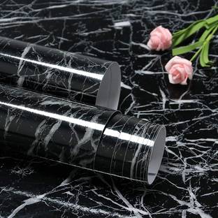 Veki Marble Aluminum Foil Kitchen Stickers Oil-Proof Waterproof Self Adhesive Wallpaper PVC Bathroom Wall Stickers Contact Paper Marble Black (60CM X 200CM)
