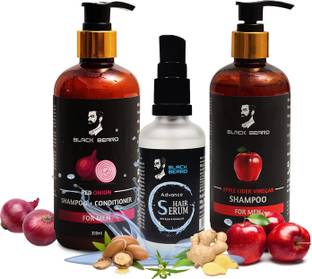 BLACK BEARD Set Of 3 Grooming Kit - Apple Cider Vinegar Shampoo, Advance Hair Serum, Red Onion Shampoo + Conditioner for Mens, Combo Best Gift for Men