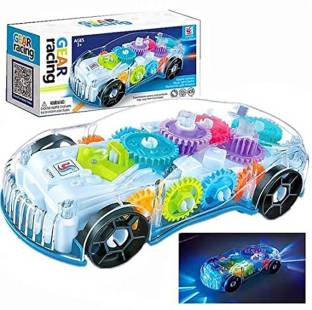 FOX fusion 360 Degree Rotation 3D Flashing Led Light Musical Bump & Go Transparent Gear Car