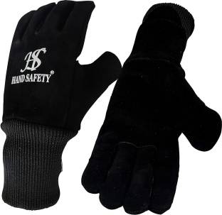 Hand safety Black Leather Welding Gloves With Knitted Rib Ideal For Welding Leather  Safety Gloves