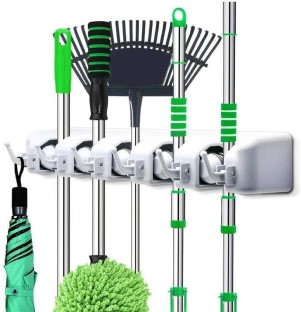 LxwSin Mop Holder Self-Adhesive Broom Holder Wall Mounted,No Drill Stainless Steel Sweeping Brush Holder Wall Mount Mop Spring Clip with Hook Tool Storage Organiser for Kitchen Bathroom Garage Garden 