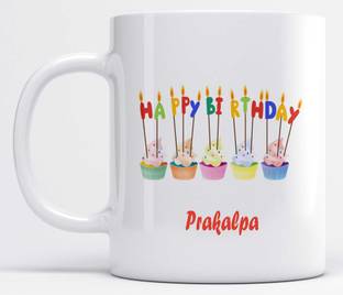 LOROFY Name Prakalpa Printed Happy Birthday Candle Design Ceramic Coffee Mug