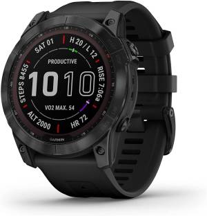 Add to Compare GARMIN Fenix 7X Sapphire Solar, Up to 28 days/37 days with solar*, Built in Flashlight Smartwatch Get a battery boost from the sunlight, so you can go longer between charges. How is your body holding up? Wrist-based heart rate and Pulse Ox will let you know. Keep great tunes coming with music on your wrist - and no phone to weigh you down. When it gets dark, the built-in LED flashlight helps keep you going. Do more. Charge less. Solar charging yields up to 37 days of battery life in smartwatch mode. Touchscreen Fitness & Outdoor ₹98,990 Free delivery