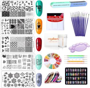 Royalkart Mega Combo Kit Of Nail Art Tools 3D Nail Art Stamping Image Plates with 48 pcs Nail Glitter Foil Strip nail art 5 pcs dotting tools and 15 pcs Brush