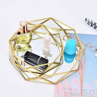 Ruhi Collections Nordic Style Geometric Octagon Glass Mirror Base Vanity Makeup Tray Serving Set
