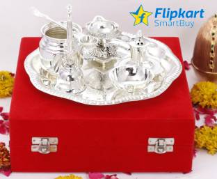 Flipkart SmartBuy Silver Plated Om Design Pooja Arti Thali 7 Pieces set for Raksha Bandhan(Rakhi), Janmashtami, Diwali and other festival Brass