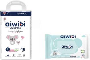 aiwibi Baby Diaper Tape Style Size L-48 count with Baby wet wipes 20pcs