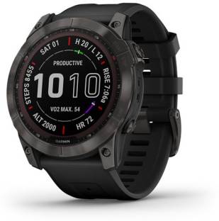 Add to Compare GARMIN Fenix 7X Sapphire Solar, Up to 28 days/37 days with solar*, Built in Flashlight Smartwatch Get a battery boost from the sunlight, so you can go longer between charges. How is your body holding up? Wrist-based heart rate and Pulse Ox will let you know. Keep great tunes coming with music on your wrist - and no phone to weigh you down. When it gets dark, the built-in LED flashlight helps keep you going. Do more. Charge less. Solar charging yields up to 37 days of battery life in smartwatch mode. Touchscreen Fitness & Outdoor 2 Year ₹1,00,990 ₹1,11,990 9% off Free delivery Bank Offer