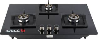 iBELL 490GH HOB 3Burner Toughened Glass Top Gas Stove, Auto Ignition, Royal Black Stainless Steel Automatic Hob