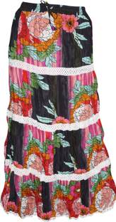 Indiatrendzs Floral Print Women's A-line Black Skirt