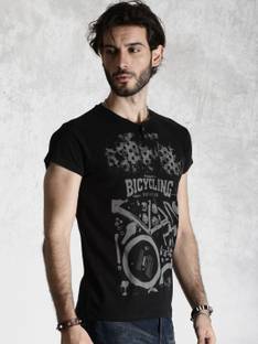 Roadster Printed Men's Henley Black T-Shirt