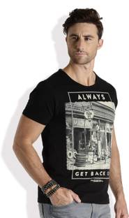 Roadster Printed Men's Round Neck Black T-Shirt