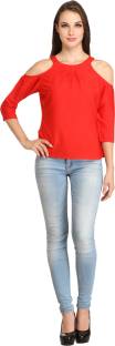 Color Fuel Party 3/4th Sleeve Solid Women's Red Top