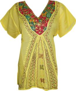 Indiatrendzs Casual Cap Sleeve Embroidered Women's Yellow Top
