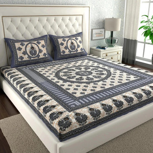 Cosito Cotton Double Flat 144 TC Printed 1 Bedsheet with 2 Pillow Covers(Brown, Grey)