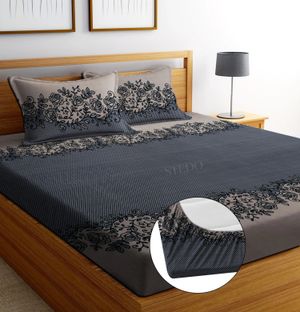STEDO Cotton Double, King Fitted (Elastic) 250 TC Floral 1 Bedsheet with 2 Pillow Covers(Grey)