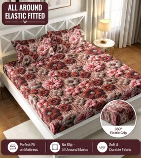 IWS Cotton Double Fitted (Elastic) 160 TC 7D Digital 1 Bedsheet(Multicolor, Gold)
