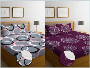 KURRY HOME FURNISHING Cotton Double Fitted (Elastic) 210 TC Abstract 2 Bedsheets with 4 Pillow Covers(Multicolor)