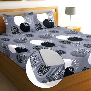 Moonroof Cotton Double Fitted (Elastic) 244 TC Printed 1 Summer Bedsheet with 2 Pillow Covers(Grey)